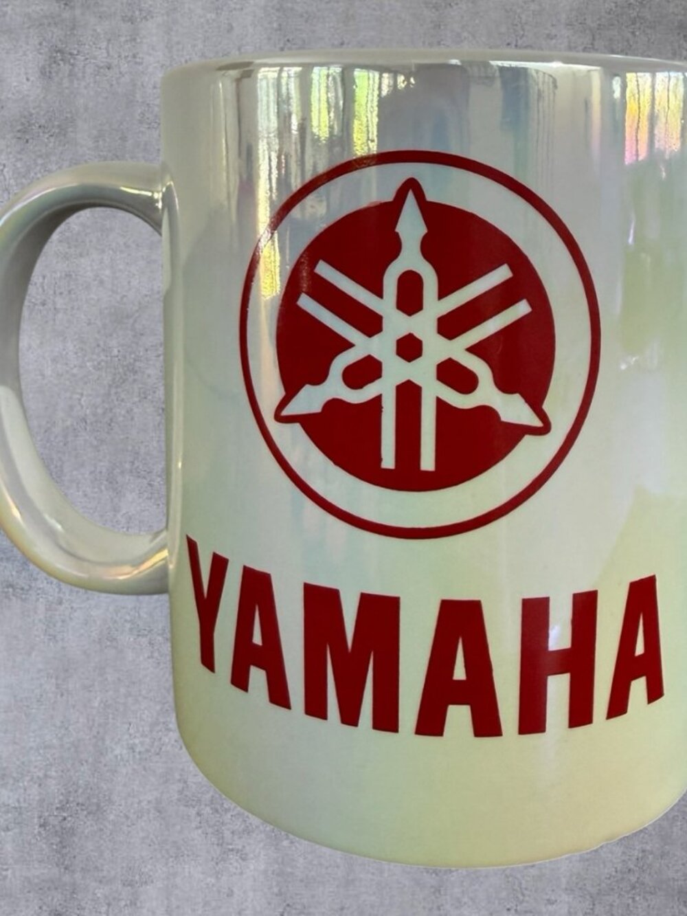 Vintage Yamaha Mug Iridescent Pearl Coffee Cup Tuning Fork Logo Motorcycle Promo